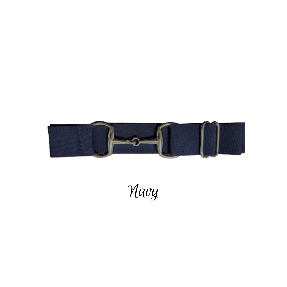 A navy blue horse bit belt with silver-toned metal hardware, displayed horizontally on a plain white background with the word 'Navy' written below.