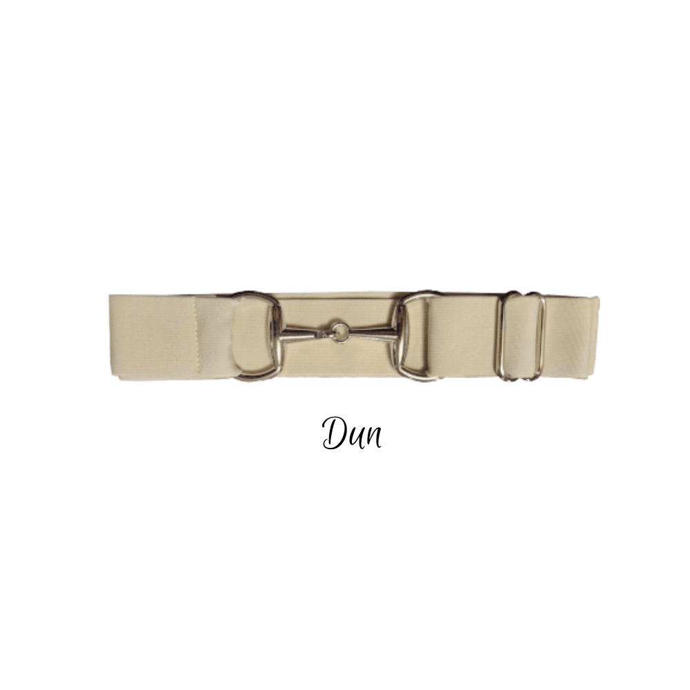 A beige horse belt with a polished silver-tone metal horsebit closure, displayed horizontally against a solid white background with the text 'Dun' written below.