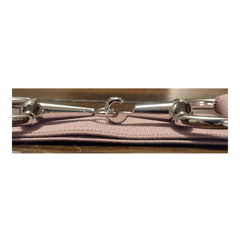 A close-up detail shot of a horse bit with polished silver metal hardware attached to a dusty pink or mauve nylon strap, set against a dark wooden background.