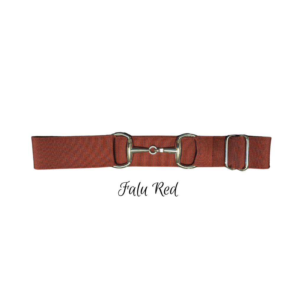 A textured reddish-brown horse belt with silver-toned metal hardware, including a central snaffle and side rings, displayed on a plain white background with the text 'Falu Red' underneath.