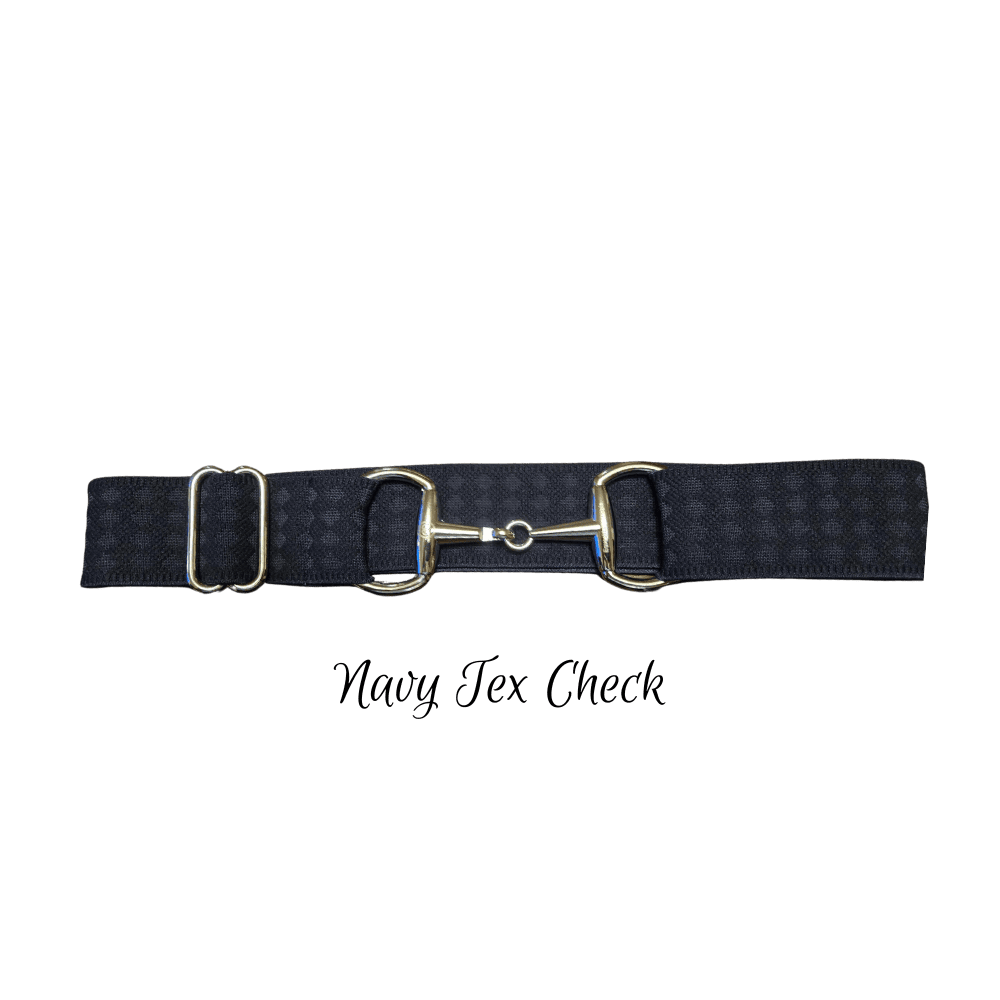 A navy blue horse girth with a subtle checkered pattern and silver-tone metal hardware, including a bit holder and D-rings, displayed on a white background with the text 'Navy Tex Check' underneath.