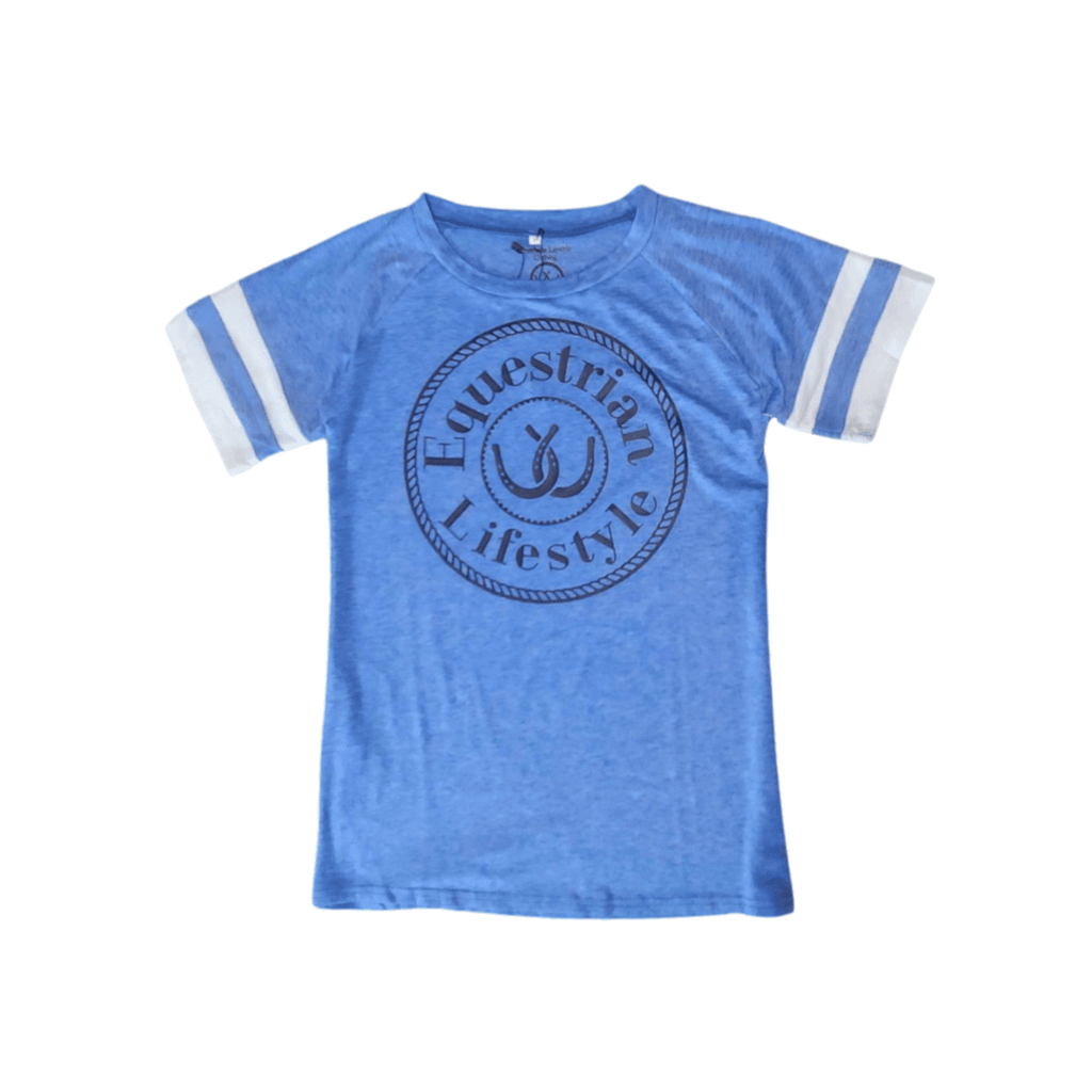 A heather blue short-sleeve t-shirt with white stripes on the sleeves and a dark blue circular graphic on the chest reading 'Equestrian Lifestyle' with a horseshoe symbol.