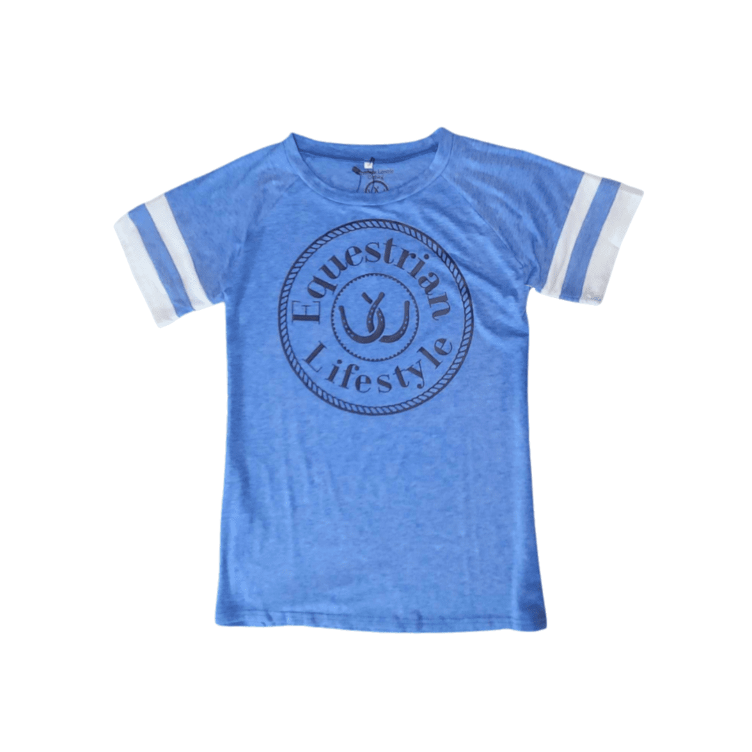 A heather blue short-sleeve t-shirt with white stripes on the sleeves and a dark blue circular graphic on the chest reading 'Equestrian Lifestyle' with a horseshoe symbol.