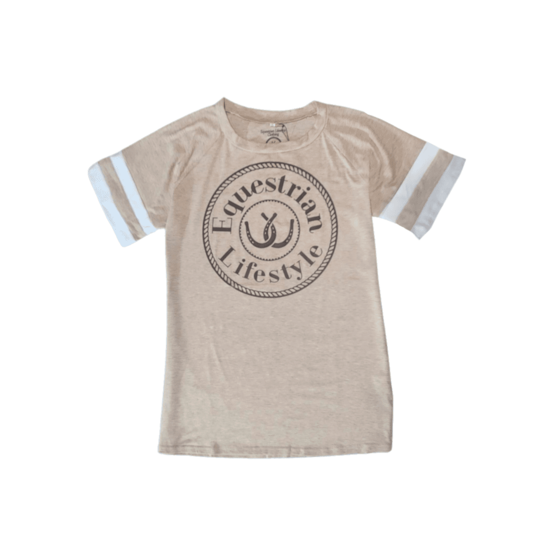 A beige heathered short-sleeve t-shirt with white and gray striped sleeves and a dark gray circular graphic on the chest reading 'Equestrian Lifestyle' with ahorseshoe symbol.