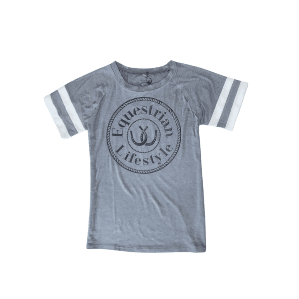 A heather gray short-sleeve t-shirt with white stripes on the sleeves and a dark gray circular graphic on the chest that reads 'Equestrian Lifestyle' with a horseshoe symbol.