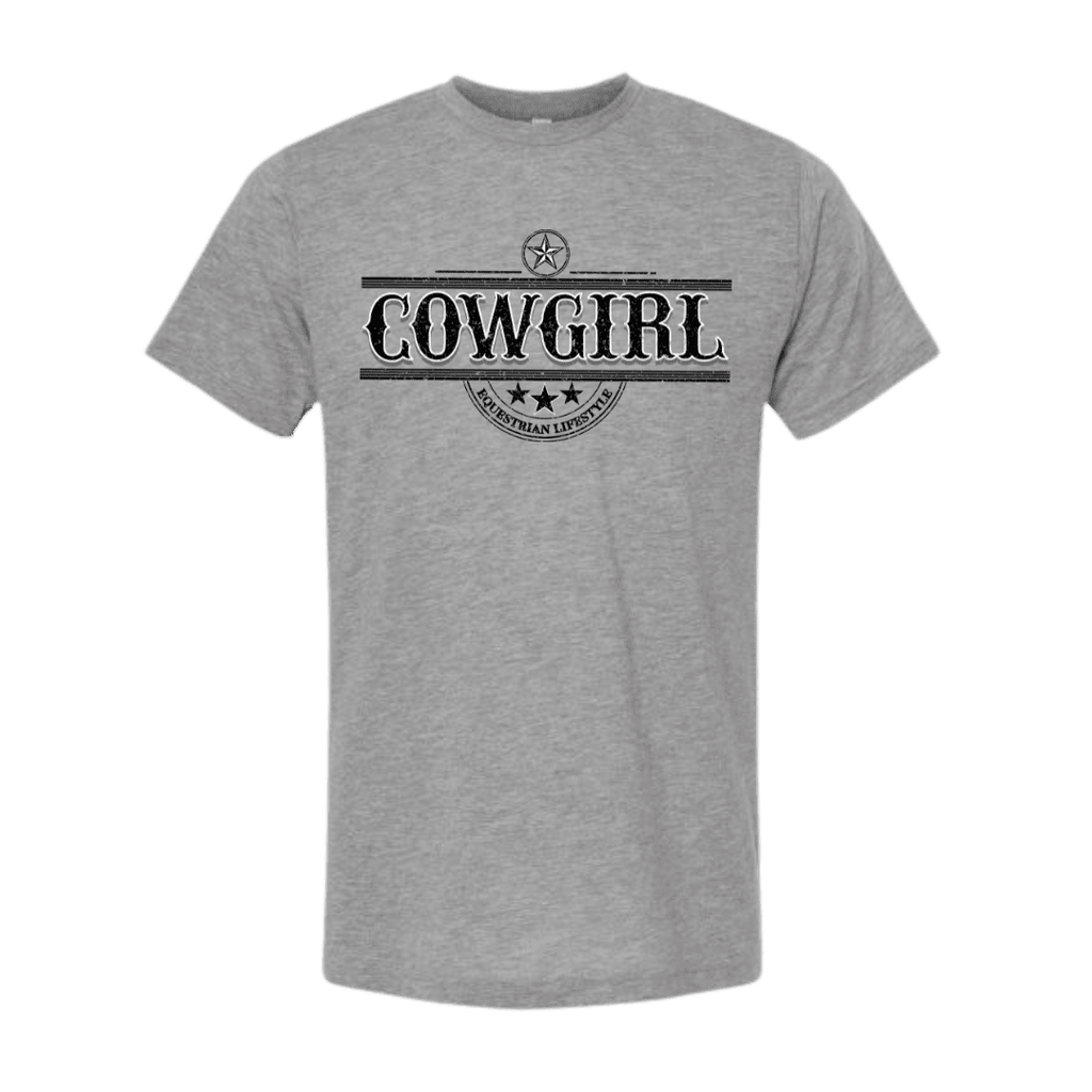 A heather gray short-sleeve crewneck t-shirt featuring a distressed black graphic on the chest that reads 'COWGIRL' with a star emblem and the words 'equestrian LIFE STYLE' below it.