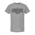 A heather gray short-sleeve crewneck t-shirt featuring a distressed black graphic on the chest that reads 'COWGIRL' with a star emblem and the words 'equestrian LIFE STYLE' below it.