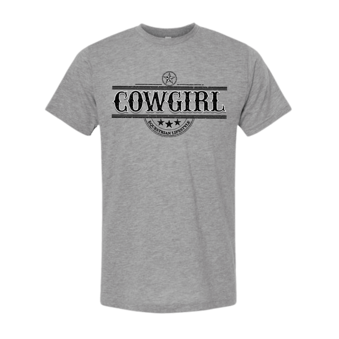 A heather gray short-sleeve crewneck t-shirt featuring a distressed black graphic on the chest that reads 'COWGIRL' with a star emblem and the words 'equestrian LIFE STYLE' below it.