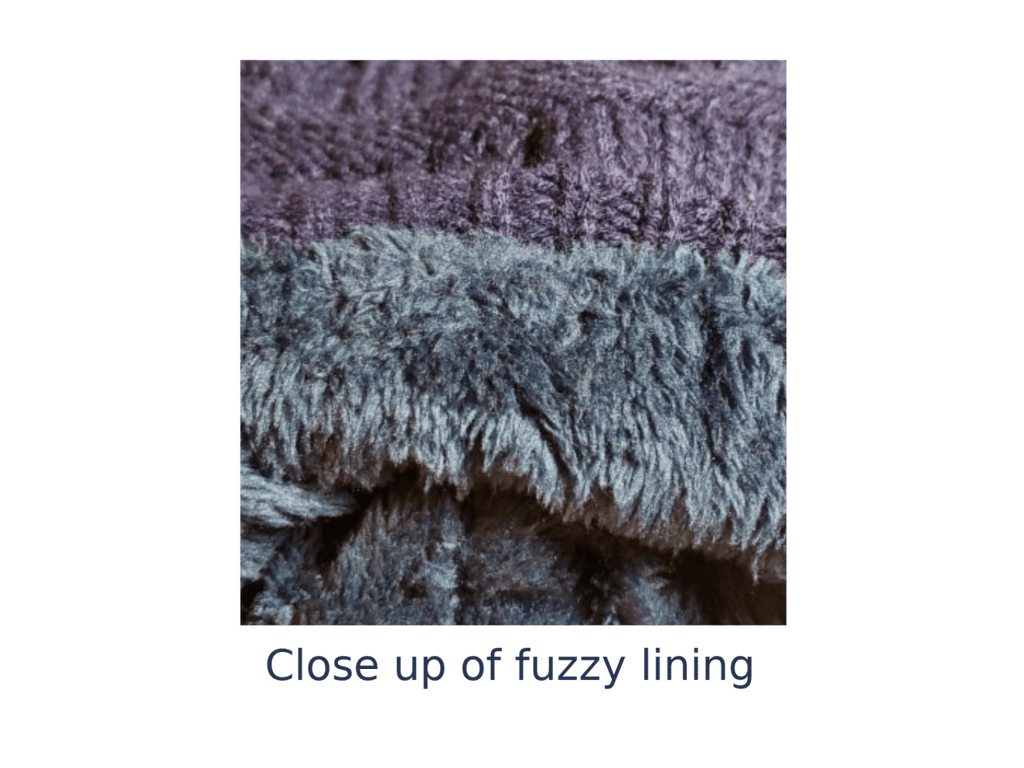 Close-up of a plush fuzzy textile surface in muted gray and lavender-purple tones, with the caption 'Close up of fuzzy lining' below on a white background.