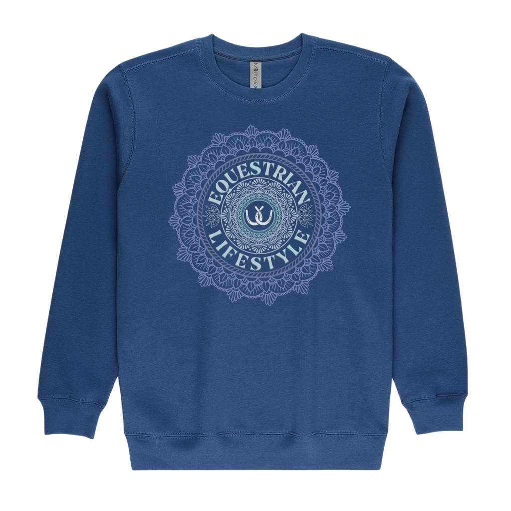 A blue crewneck sweatshirt with a light blue circular mandala-style graphic on the chest that reads 'EQUESTRIAN LIFESTYLE' around a horseshoe emblem, shown on a plain white background.