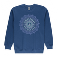 A blue crewneck sweatshirt with a light blue circular mandala-style graphic on the chest that reads 'EQUESTRIAN LIFESTYLE' around a horseshoe emblem, shown on a plain white background.