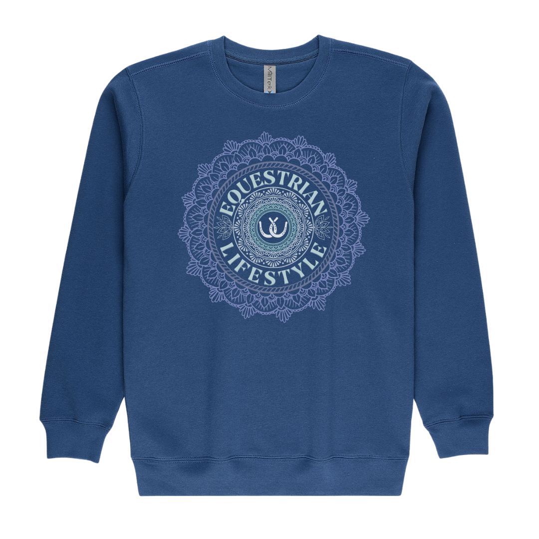 A blue crewneck sweatshirt with a light blue circular mandala-style graphic on the chest that reads 'EQUESTRIAN LIFESTYLE' around a horseshoe emblem, shown on a plain white background.