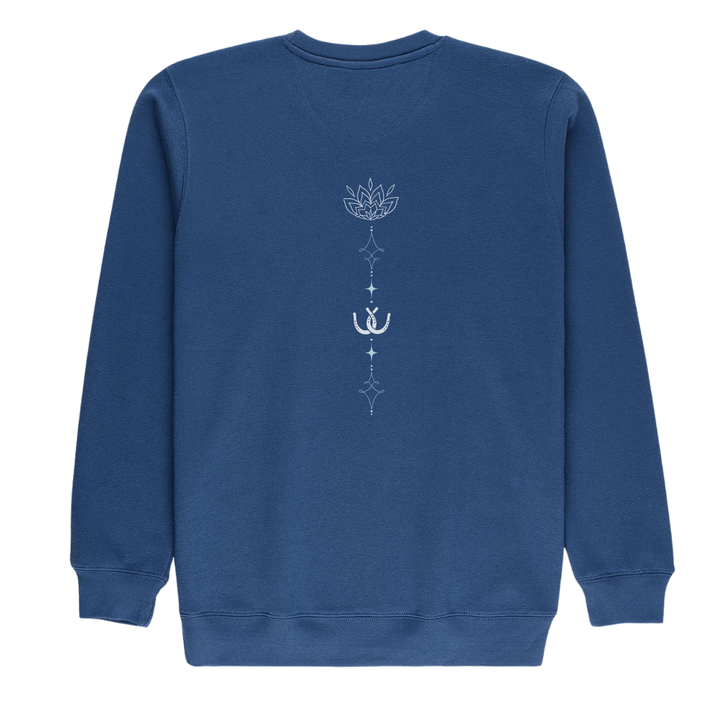 A blue crewneck sweatshirt shown from the back, featuring a vertical white graphic print of a lotus flower, a small horseshoe, and decorative symbols.