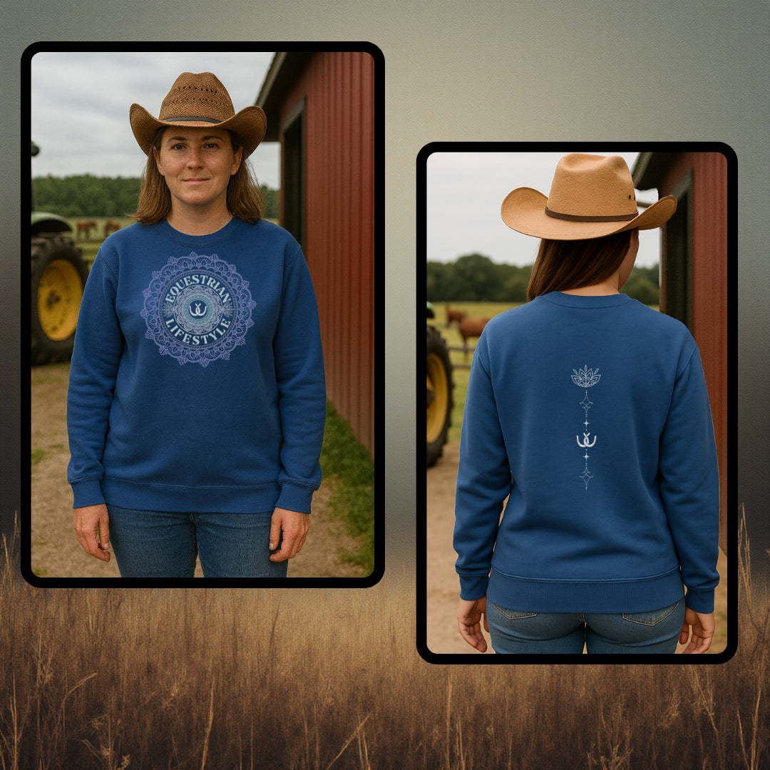 A woman wearing a blue crewneck sweatshirt is shown from the front and back in two framed panels. The front has a large circular white graphic with the words 'equestrian lifestyleP,' and the back has a small vertical white graphic.