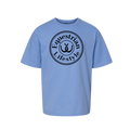 A light blue short-sleeve crewneck t-shirt featuring a black circular graphic on the chest with the text 'Equestrian Lifestyle' and an equestrian horseshoe symbol, displayed on a clean white background.