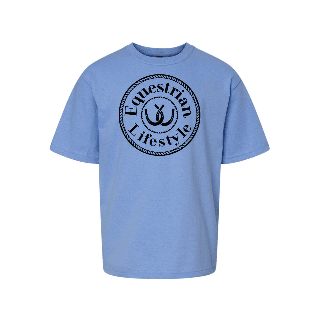 A light blue short-sleeve crewneck t-shirt featuring a black circular graphic on the chest with the text 'Equestrian Lifestyle' and an equestrian horseshoe symbol, displayed on a clean white background.
