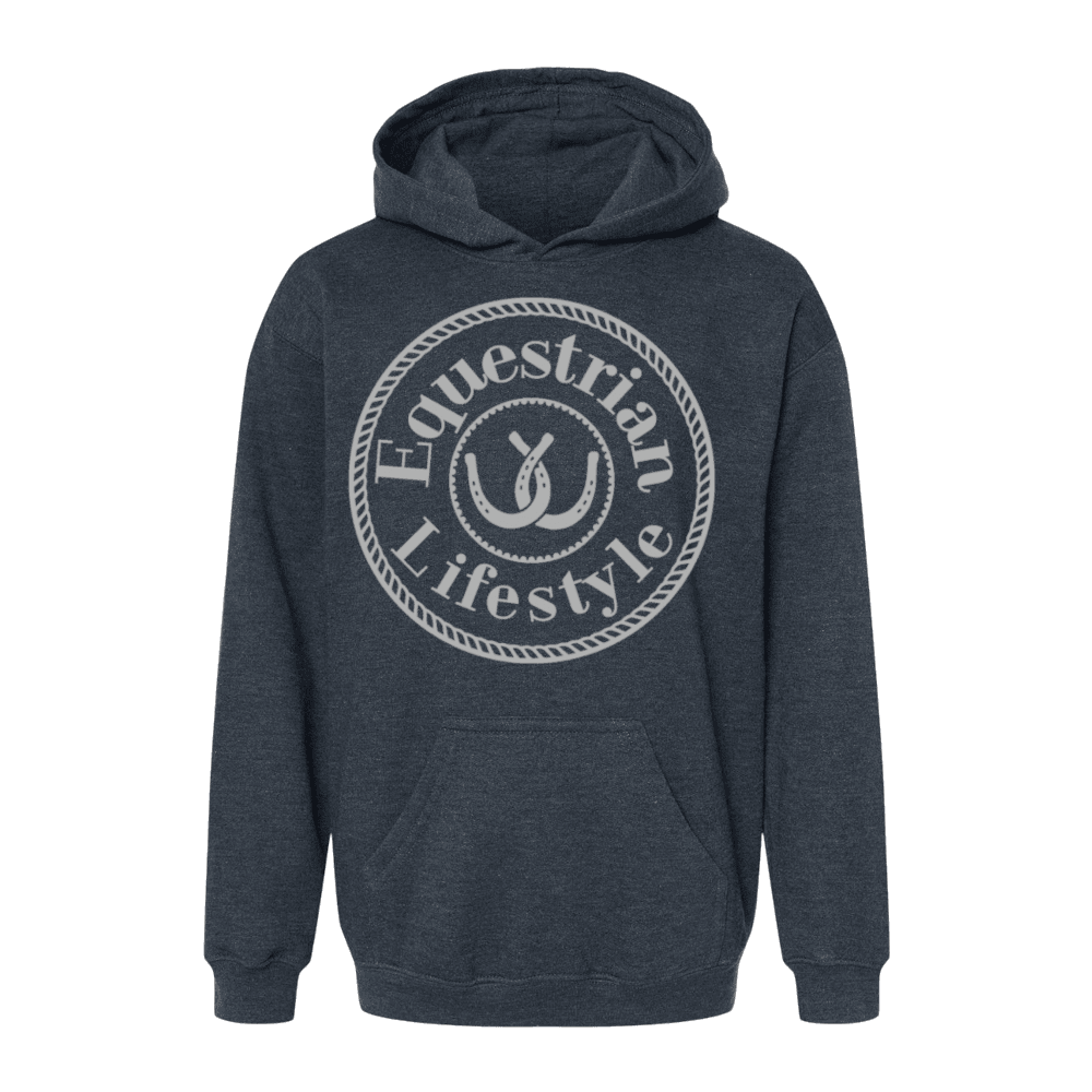 A dark heather gray hoodie with a circular white graphic on the chest that reads 'Equestrian Lifestyle' around a horseshoe symbol, shown on a plain white background.