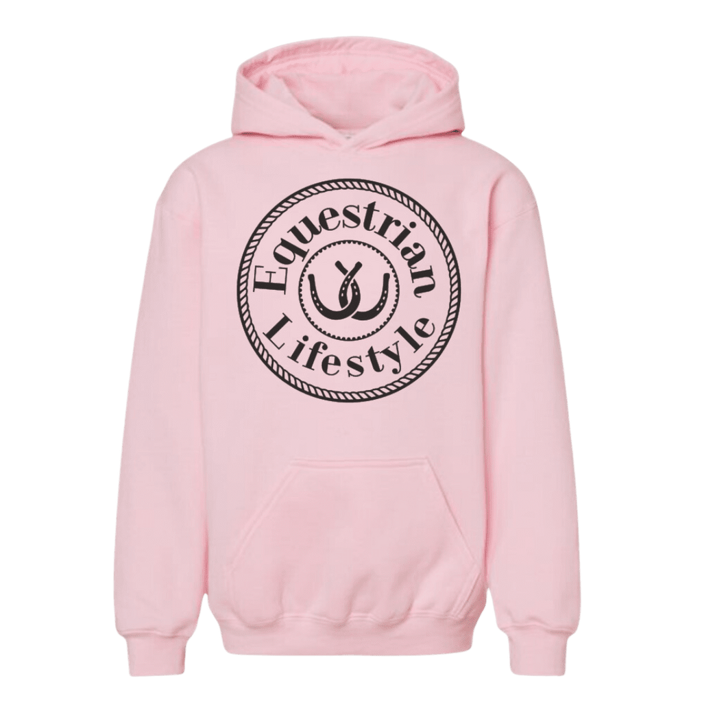 A light pink pullover hoodie with a black circular graphic on the chest that reads 'Equestrian Lifestyle' around a horseshoe, shown on a plain white background.